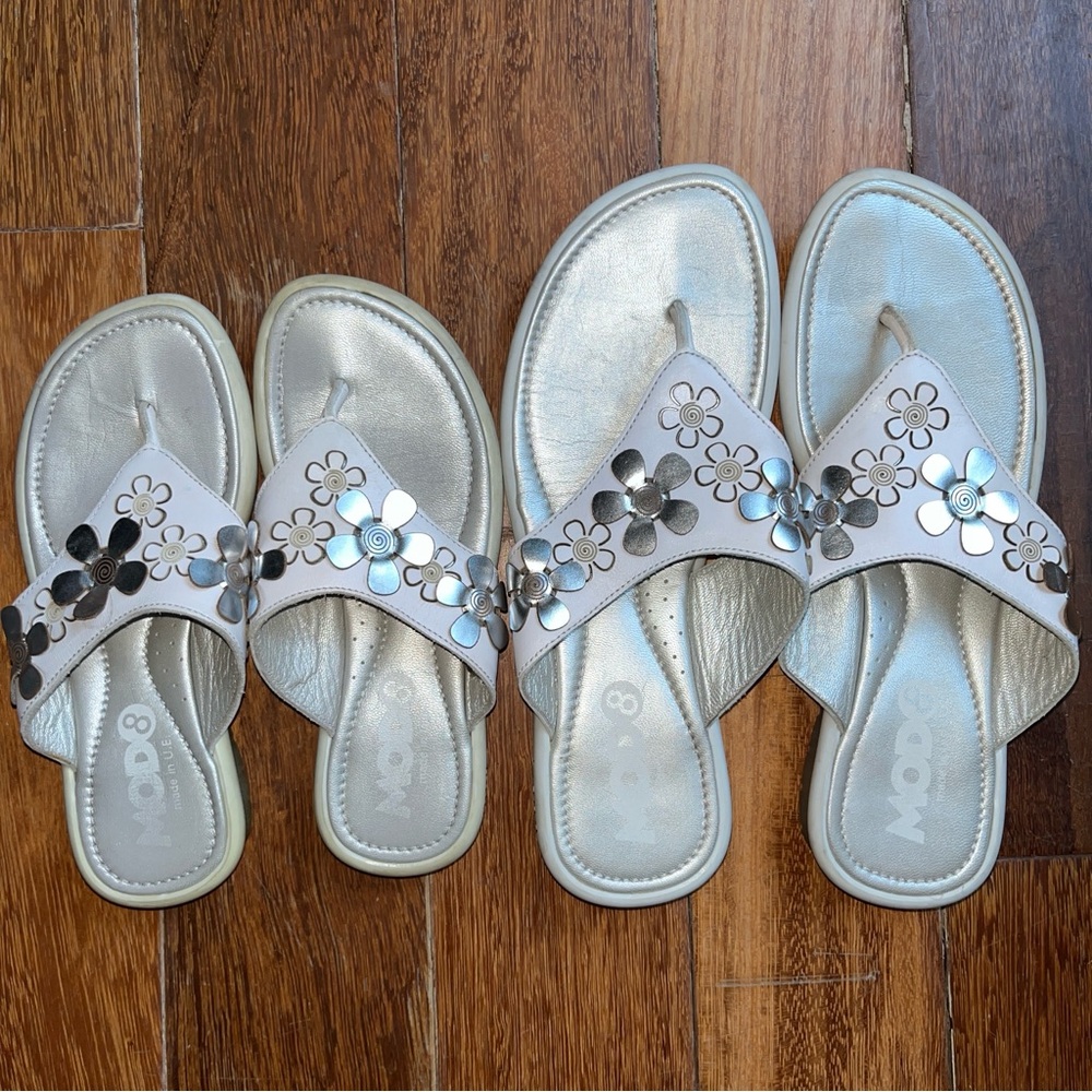 2prs MOD8 FLORAL WHITE LEATHER SANDALS Women EU 38(US7.5-8) & Girls EU 31(US 13)